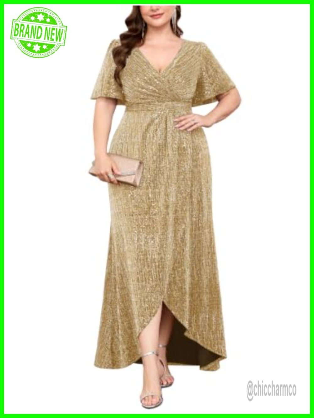 Plus Size Sequin Mermaid Maxi Dress Ruffle Sleeve Wrap V Neck Formal Gown
